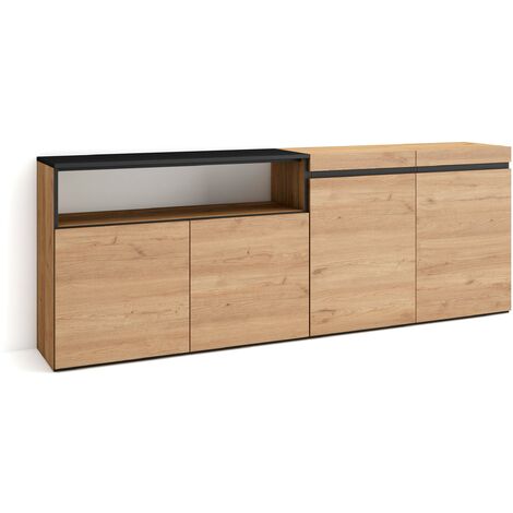 Skraut Home – Buffet moderne chêne et noir – Meuble de rangement 200x35x75cm – 4 portes – Commode pour salon et cuisine (1/5)
