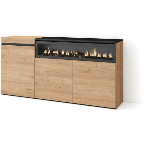 Skraut Home – Buffet enfilade moderne 150x75x35cm – 3 portes – Cheminée électrique à LED – Chêne et noir – Module avec étagère intérieure (1/5)