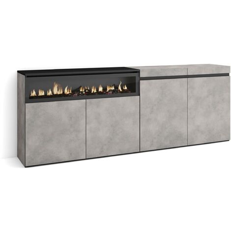 Skraut Home - Buffet salon et cuisine, Meuble de Rangement, Commode, 200x75x35cm, 4 Portes, Cheminée électrique, Style moderne, Gris Ciment (1/5)