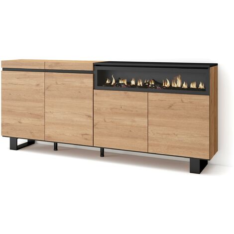 Skraut Home – Buffet salon et cuisine 200x87x35cm – 4 portes – Cheminée électrique LED – Design industriel chêne et noir – Pieds métalliques (1/5)