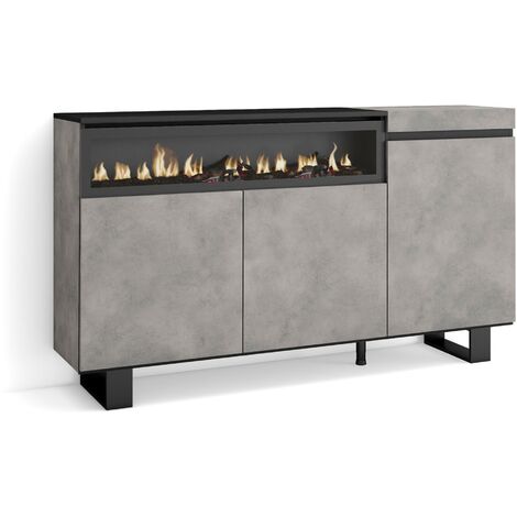 Skraut Home - Buffet salon et cuisine, Meuble de Rangement, Commode, 150x87x35cm, 3 Portes, Cheminée électrique, Design industriel, Style moderne, Gris Ciment (1/5)