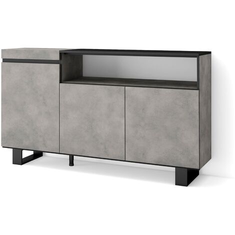 Skraut Home – Buffet salon et cuisine 150x35x87cm – 3 portes – Rangement design industriel – Couleur gris ciment – Pieds en métal (1/5)