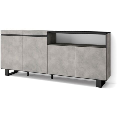 Skraut Home - Buffet salon et cuisine, Meuble de Rangement, Commode, 200x87x35cm, 4 Portes, Design industriel, Style moderne, Gris Ciment (1/5)