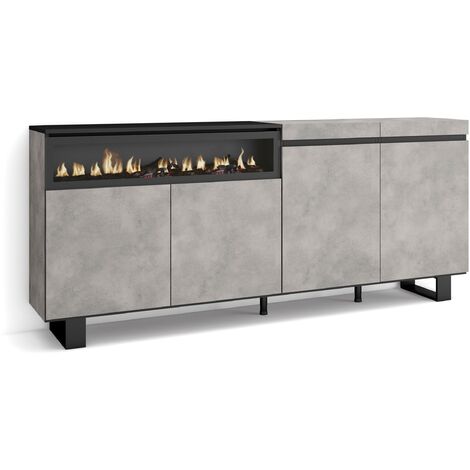 Skraut Home – Buffet de rangement 200x87x35cm – 4 portes – Cheminée électrique à LED – Design industriel gris ciment – Module avec étagère intérieure (1/5)