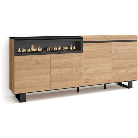 Skraut Home – Buffet salon et cuisine 200x87x35cm – 4 portes – Cheminée électrique LED – Design industriel en chêne et noir (1/5)