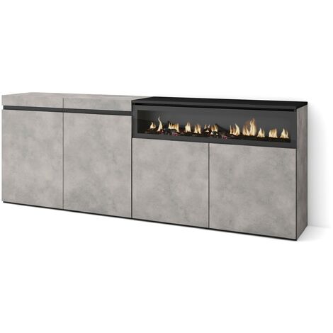 Skraut Home - Buffet salon et cuisine, Meuble de Rangement, Commode, 200x75x35cm, 4 Portes, Cheminée électrique, Style moderne, Gris Ciment (1/5)
