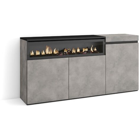 Skraut Home - Buffet salon et cuisine, Meuble de Rangement, Commode, 150x75x35cm, 3 Portes, Cheminée électrique, Style moderne, Gris Ciment (1/5)