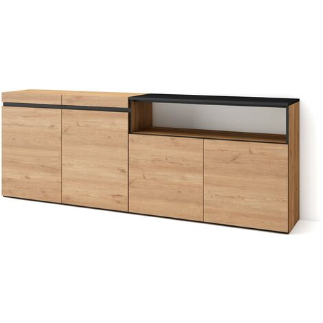 Skraut Home – Buffet moderne chêne et noir 200x35x75cm – 4 portes – Meuble de rangement pour salon et cuisine – Commode avec étagère intérieure (1/5)