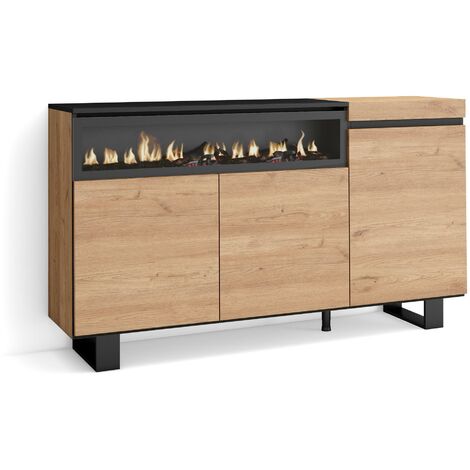 Skraut Home – Buffet salon et cuisine 150x87x35cm – 3 portes – Cheminée électrique à LED – Design industriel chêne noir