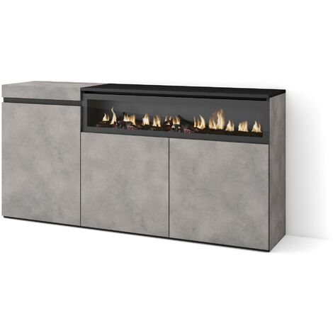 Skraut Home - Buffet salon et cuisine, Meuble de Rangement, Commode, 150x75x35cm, 3 Portes, Cheminée électrique, Style moderne, Gris Ciment (1/5)