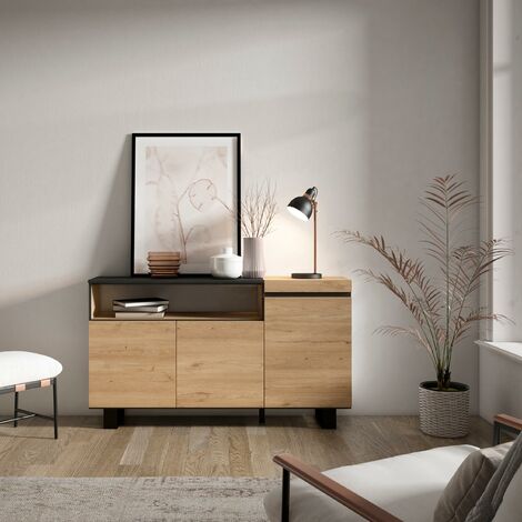 Buffet En MDF Avec LED - 1 Porte, 2 Tiroirs Et 2 Compartiments Ouverts Noir 97583723