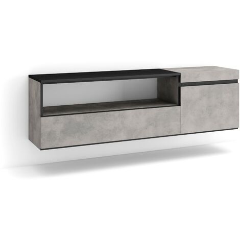 Skraut Home - Meuble TV, Banc Télé, Grand espace de Rangement, 150x45x35cm, Pour les TV jusqu'à 65", Suspendu, Mural, Style moderne, Gris Ciment (1/5)
