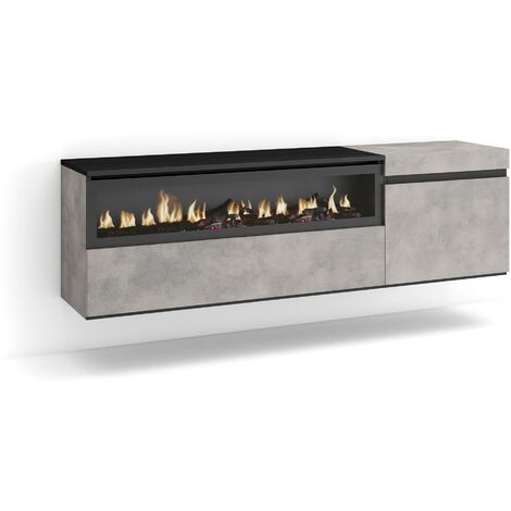 Skraut Home - Meuble TV, Banc Télé, Grand espace de Rangement, 150x45x35cm, Pour les TV jusqu'à 65", Cheminée électrique, Suspendu, Mural, Style moderne, Gris Ciment (1/5)