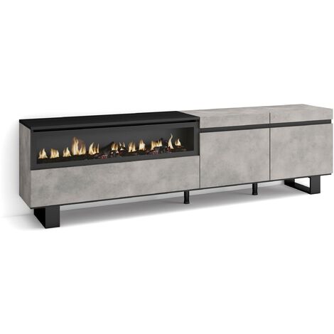 Skraut Home - Meuble TV, Banc Télé, Grand espace de Rangement, 200x57x35cm, Pour les TV jusqu'à 80", Cheminée électrique, Design industriel, Style moderne, Gris Ciment (1/5)