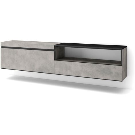 Skraut Home - Meuble TV, Banc Télé, Grand espace de Rangement, 200x45x35cm, Pour les TV jusqu'à 80", Suspendu, Mural, Style moderne, Gris Ciment (1/5)
