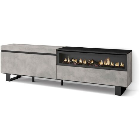 Skraut Home - Meuble TV, Banc Télé, Grand espace de Rangement, 200x57x35cm, Pour les TV jusqu'à 80", Cheminée électrique, Design industriel, Style moderne, Gris Ciment (1/5)
