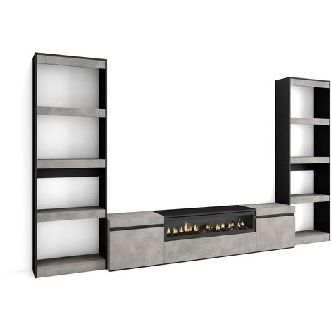 Skraut Home – Ensemble meuble TV moderne avec cheminée électrique – Dimensions 320x186x35cm – Pour TV jusqu'à 80' – Couleur gris ciment