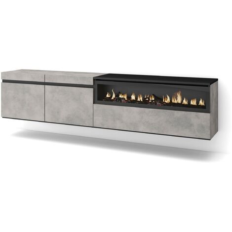 Skraut Home – Meuble TV suspendu mural avec cheminée électrique – Grand espace de rangement 200x45x35cm – Pour TV jusqu'à 80' – Style moderne gris ciment (1/5)