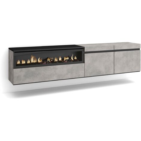 Skraut Home - Meuble TV, Banc Télé, Grand espace de Rangement, 200x45x35cm, Pour les TV jusqu'à 80", Cheminée électrique, Suspendu, Mural, Style moderne, Gris Ciment (1/5)