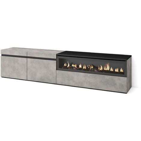 Skraut Home – Meuble TV avec cheminée électrique 102x45x35cm – Pour TV jusqu'à 80' – Couleur ciment et noir – Grand espace de rangement (1/5)