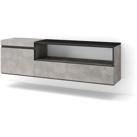 Skraut Home - Meuble TV, Banc Télé, Grand espace de Rangement, 150x45x35cm, Pour les TV jusqu'à 65", Suspendu, Mural, Style moderne, Gris Ciment (1/5)