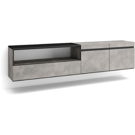 Skraut Home - Meuble TV, Banc Télé, Grand espace de Rangement, 200x45x35cm, Pour les TV jusqu'à 80", Suspendu, Mural, Style moderne, Gris Ciment (1/5)