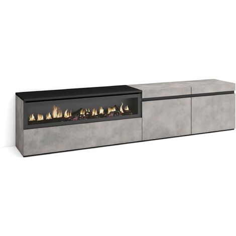 Skraut Home – Meuble TV avec cheminée électrique – Dimensions 102x45x35cm – Pour TV jusqu'à 80' – Couleur ciment et noir – Grand espace de rangement (1/5)