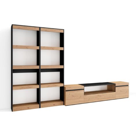 Skraut Home - Ensemble Meuble TV, Meuble Salon Complet, 320x186x35cm, Pour les TV jusqu'à 80", Salon Complet, Style moderne, Chêne et noir (1/5)