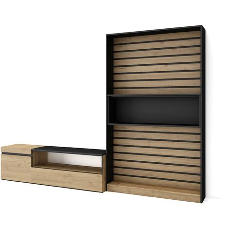 Skraut Home - Ensemble Meuble TV, Meuble Salon Complet, 260x186x35cm, Pour les TV jusqu'à 65", Salon Complet, Style moderne, Chêne et noir (1/5)