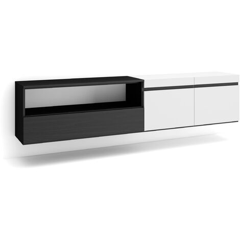 Skraut Home - Meuble TV, Banc Télé, Grand espace de Rangement, 200x45x35cm, Pour les TV jusqu'à 80", Suspendu, Mural, Style moderne, Blanc et noir (1/5)