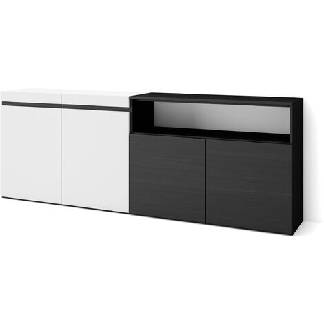 Skraut Home - Buffet salon et cuisine, Meuble de Rangement, Commode, 200x75x35cm, 4 Portes, Meuble chaussure, Style moderne, Blanc et noir (1/5)