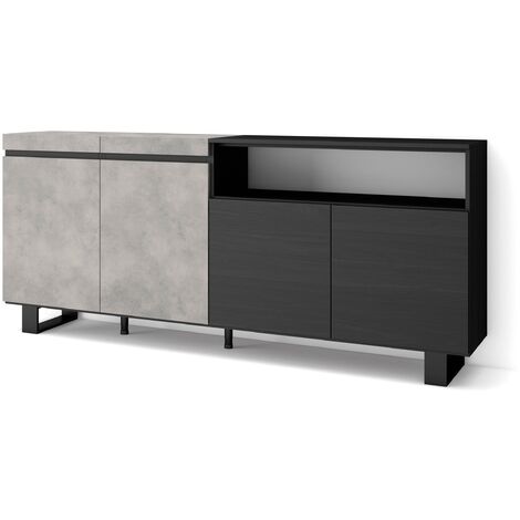 Skraut Home - Buffet salon et cuisine, Meuble de Rangement, Commode, 200x87x35cm, 4 Portes, Design industriel, Style moderne, Gris Ciment (1/5)