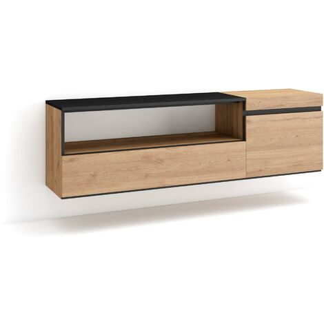 Skraut Home – Meuble TV suspendu mural – Grand espace de rangement 150x35x45cm – Pour TV jusqu'à 65" – Chêne et noir – Style moderne (1/5)
