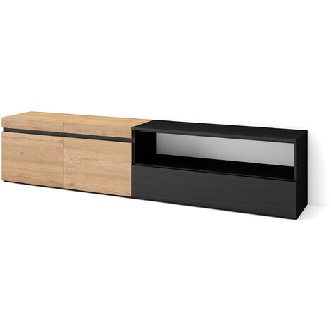 Skraut Home - Meuble TV, Banc Télé, Grand espace de Rangement, 200x45x35cm, Pour les TV jusqu'à 80", Meubles de salon, Style moderne, Chêne et noir (1/5)