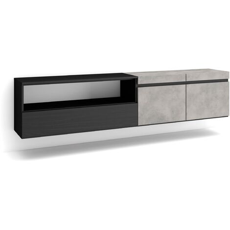 Skraut Home - Meuble TV, Banc Télé, Grand espace de Rangement, 200x45x35cm, Pour les TV jusqu'à 80", Suspendu, Mural, Style moderne, Gris Ciment (1/5)
