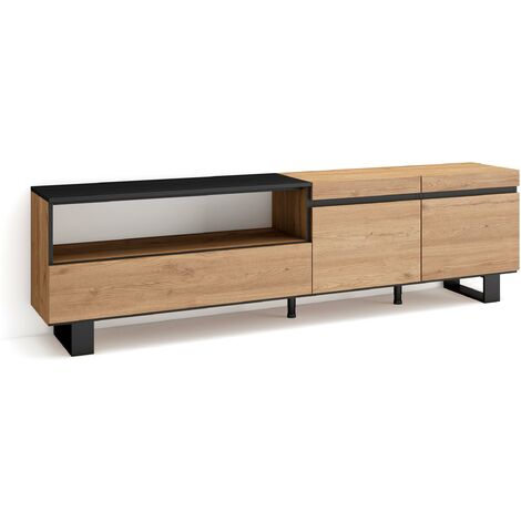 Skraut Home - Meuble TV, Banc Télé, Grand espace de Rangement, 200x57x35cm, Pour les TV jusqu'à 80", Design industriel, Style moderne, Chêne et noir (1/5)