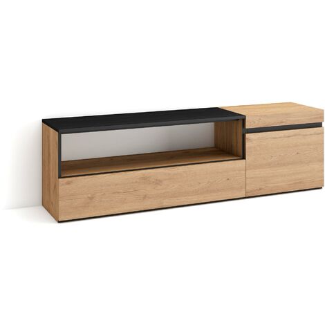 Skraut Home - Meuble TV, Banc Télé, Grand espace de Rangement, 150x45x35cm, Pour les TV jusqu'à 65", Meubles de salon, Style moderne, Chêne et noir (1/5)