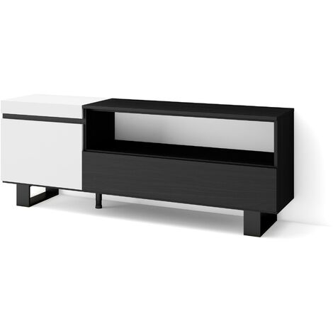Skraut Home - Meuble TV, Banc Télé, Grand espace de Rangement, 150x57x35cm, Pour les TV jusqu'à 65", Design industriel, Style moderne, Blanc et noir (1/5)