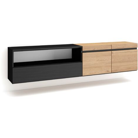 Skraut Home - Meuble TV, Banc Télé, Grand espace de Rangement, 200x45x35cm, Pour les TV jusqu'à 80", Suspendu, Mural, Style moderne, Chêne et noir (1/5)