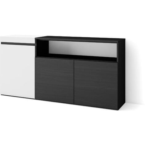 Skraut Home - Buffet salon et cuisine, Meuble de Rangement, Commode, 150x75x35cm, 3 Portes, Meuble chaussure, Style moderne, Blanc et noir (1/5)