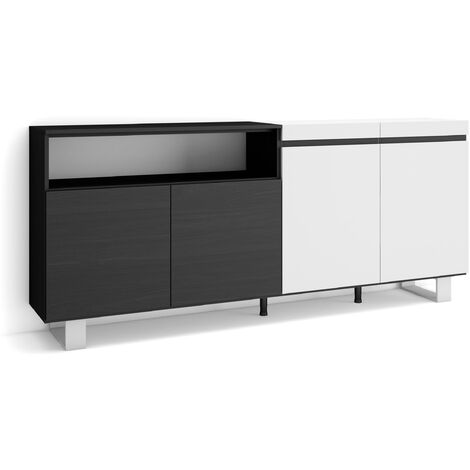 Skraut Home - Buffet salon et cuisine, Meuble de Rangement, Commode, 200x87x35cm, 4 Portes, Design industriel, Style moderne, Blanc et noir (1/5)