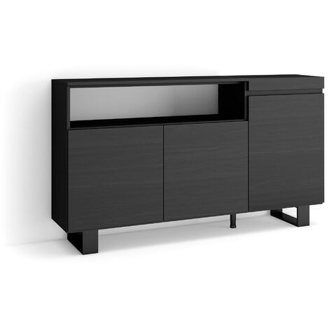 Skraut Home - Buffet salon et cuisine, Meuble de Rangement, Commode, 150x87x35cm, 3 Portes, Design industriel, Style moderne, Noir (1/5)