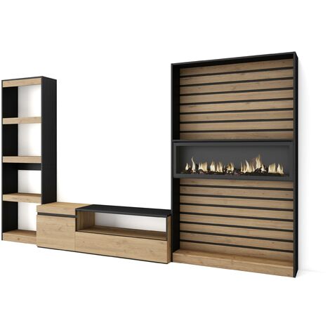 Skraut Home - Ensemble Meuble TV, Meuble Salon Complet, 320x186x35cm, Cheminée électrique, Style moderne, Chêne et noir