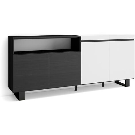 Skraut Home - Buffet salon et cuisine, Meuble de Rangement, Commode, 200x87x35cm, 4 Portes, Design industriel, Style moderne, Blanc et noir (1/5)