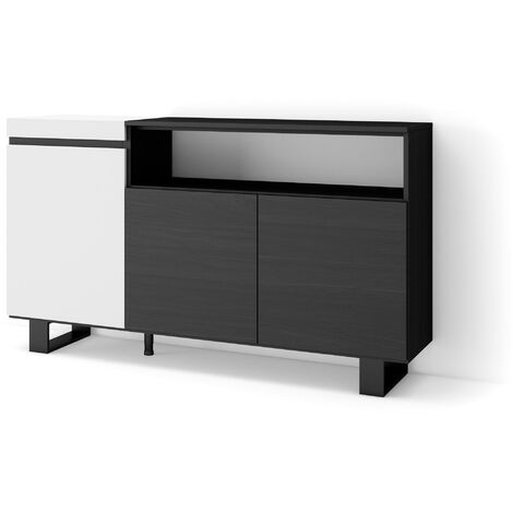 Skraut Home - Buffet salon et cuisine, Meuble de Rangement, Commode, 150x87x35cm, 3 Portes, Design industriel, Style moderne, Blanc et noir (1/5)