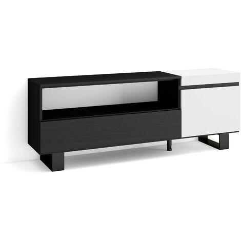 Skraut Home - Meuble TV, Banc Télé, Grand espace de Rangement, 150x57x35cm, Pour les TV jusqu'à 65", Design industriel, Style moderne, Blanc et noir (1/5)