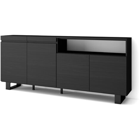 Skraut Home - Buffet salon et cuisine, Meuble de Rangement, Commode, 200x87x35cm, 4 Portes, Design industriel, Style moderne, Noir (1/5)