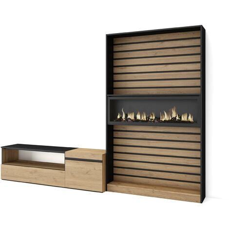 Skraut Home - Ensemble Meuble TV, Meuble Salon Complet, 260x186x35cm, Pour les TV jusqu'à 65", Cheminée électrique, Style moderne, Chêne et noir (1/5)