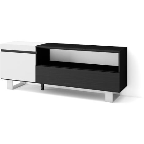 Skraut Home - Meuble TV, Banc Télé, Grand espace de Rangement, 150x57x35cm, Pour les TV jusqu'à 65", Design industriel, Style moderne, Blanc et noir (1/5)