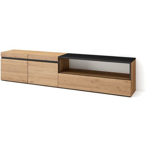 Skraut Home – Meuble TV moderne avec rangement – Dimensions 200x35x45cm – Pour TV jusqu'à 80" – Chêne et noir – Grand espace de rangement (1/5)
